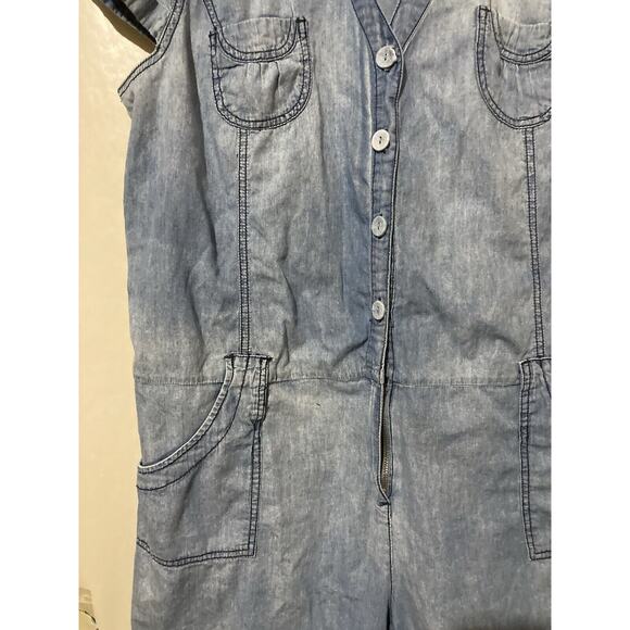 Ashley Stewart Romper Womens 18 Blue Chambray Cotton Shorts Flounce - Picture 2 of 6